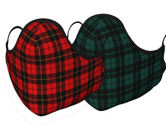 TARTAN Plaid Face MASK Face Covering Red Tartan Plaid or Green Plaid Face Mask w/ PM 2.5 Filters Unisex Adult + Youth Sizes Protective Mask