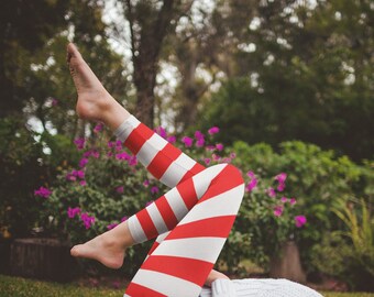 Red and White Striped LEGGINGS USA Fourth of July Independence Day Leggings Striped Leggings Striped Womens Yoga Leggings Red and White Pant