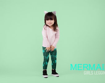 Green MERMAID LEGGINGS for GIRLS Mermaid Scale Leggings Girls Baby Leggings Toddler Leggings Kids Clothing Youth Leggings Back to School