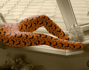 Halloween Bat Print Leggings: Orange & Black Yoga Pants