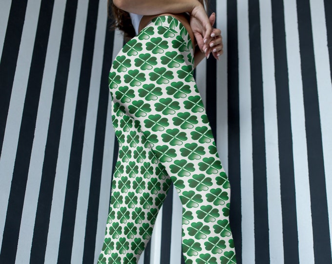 CLOVER LEGGINGS Womens Four Leaf Clover SHAMROCK Yoga Leggings Green and White Clover Printed Leggings Yoga Pants for Women St Patricks Day