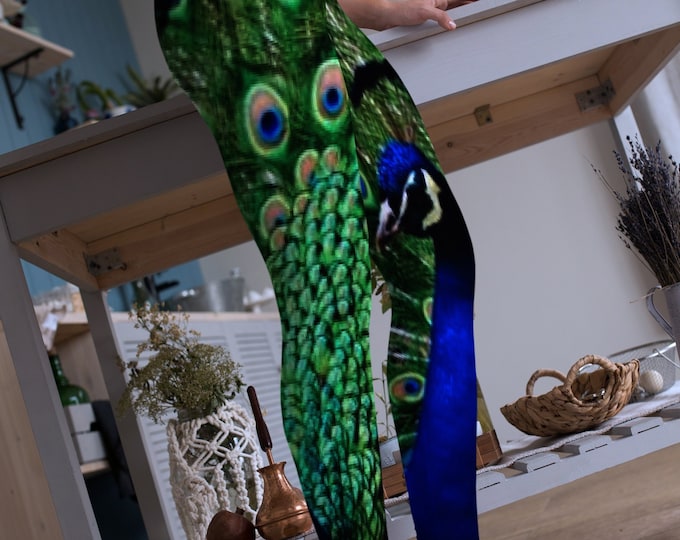 PEACOCK LEGGINGS Womens Yoga Leggings Yoga Pants Peacock Feather Printed Leggings Green and Blue Animal Print Summer Leggings Eco fashion