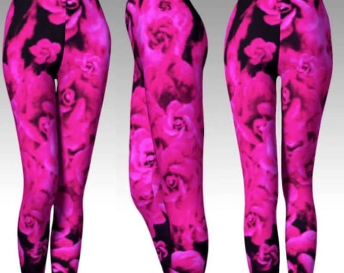 Rose LEGGINGS for Women Floral Leggings Women's Yoga Leggings YOGA PANTS Hot Pink and Black Rose Leggings Festival Clothing Workout Leggings