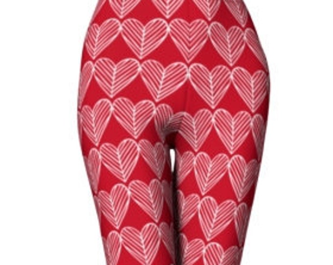 HEART LEGGINGS - Womens Leggings - VALENTINES Day Leggings - Yoga Leggings - Yoga Pants for Women - Red and White - Red Heart Leggings