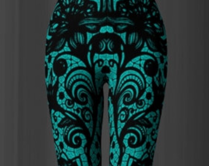 Lace PRINT LEGGINGS Pretty Lace Print Sexy Womens Leggings Sexy Yoga Pants Lace Print Pants Womens Leggings Art Tights Dance Leggings teal