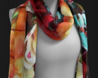 Floral SCARF Designer Eco-Fashion SCARVES in Square or Long Styles Colorful Flower Print Silk Scarf Gift for Wife Bridesmaid Anniversary