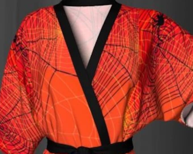 Orange and Black KIMONO ROBE HALLOWEEN Robe for Women Designer Luxury Kimono Robe Womens Kimono Robe for Halloween Spiderweb Cobweb Spider