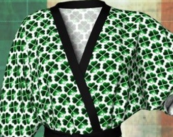 CLOVER KIMONO ROBE Green and White Four Leaf Clover Shamrock Kimono Robe for her Womens Designer Kimono Robe or Peignoir Long Kimono Robe