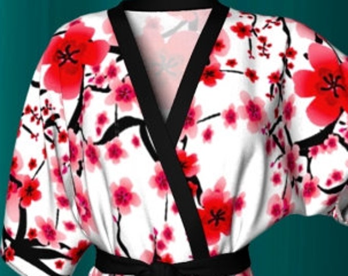 Cherry Blossom KIMONO ROBE Womens Designer Kimono Robe Womens Gifts For Wife Luxury Robe Womens Robes Red and White Robe Floral Kimono Robe