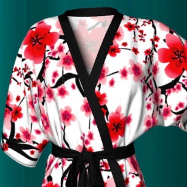 Cherry Blossom KIMONO ROBE Womens Designer Kimono Robe Womens Gifts For Wife Luxury Robe Womens Robes Red and White Robe Floral Kimono Robe