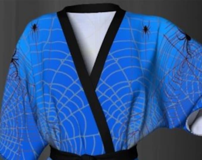 HALLOWEEN Kimono Robe for Women Designer Luxury Kimono Robe Womens Kimono Robe for Halloween Spiderweb Cobweb Spider Web Robe Blue and Black