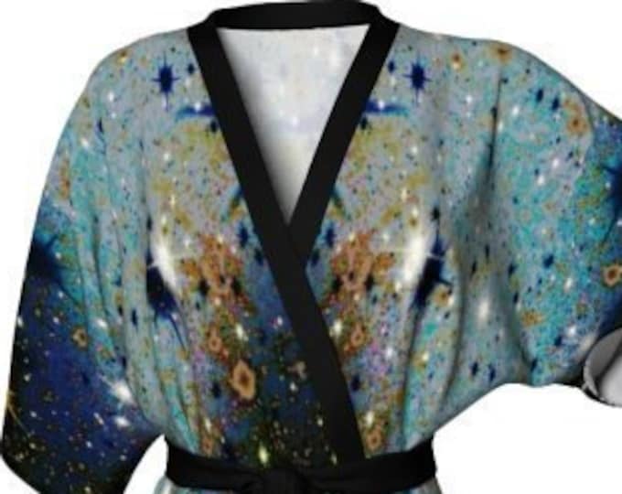 GALAXY KIMONO ROBE Womens Galaxy Robe Cosmic Galaxy Printed Robe for Women Designer Silky Knit Robe Cosmic Star Dust Kimono Blue and Gold