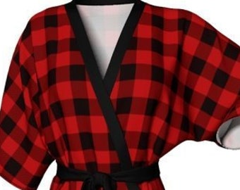 Red BUFFALO PLAID ROBE Kimono Robe Peignoir Robe for Women Red Black Buffalo Check Plaid Robe Mothers Day Gift for Wife Long Peignoir Robe