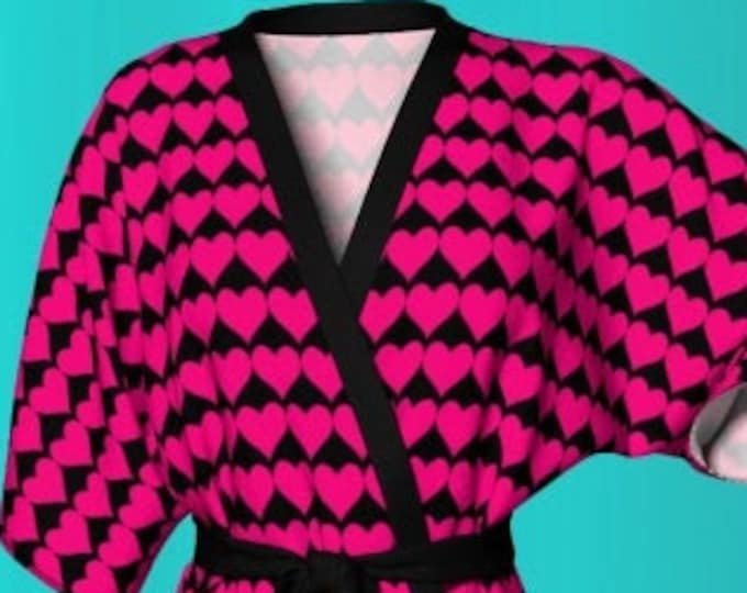 Pink and Black Heart Robe VALENTINES Day KIMONO ROBE Peignoir Robe Heart Print Robe Womens Heart Robe Gift for Her Valentines Day Gift