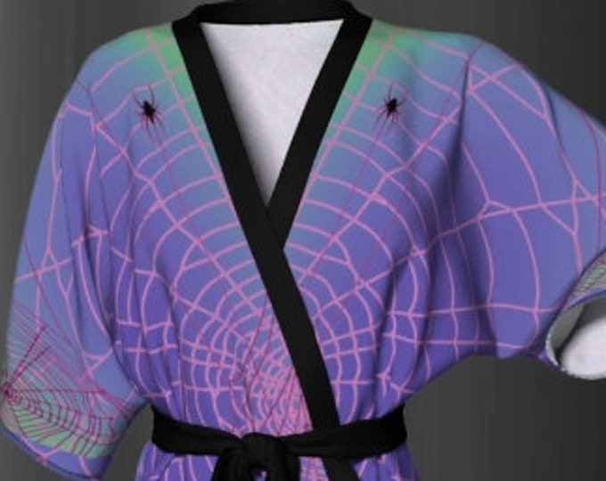 KIMONO ROBE WOMENS Kimono Robe for Halloween Purple and Green Ombre Spiderweb Spider Printed Kimono Robe for Halloween Costume Gift for Her