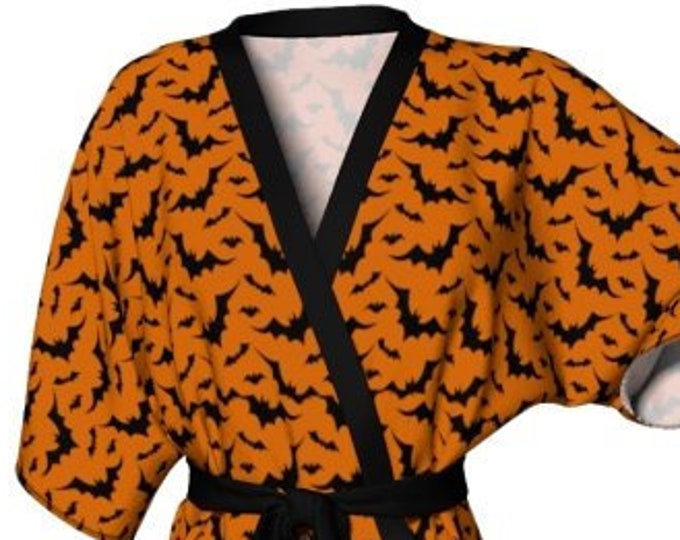 KIMONO ROBE Womens Kimono Robe for Halloween Bat Orange & Black Print Robe Luxury Kimono Robe for Women Gift for Her Halloween Costume Robe