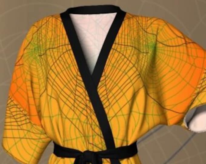 HALLOWEEN KIMONO ROBE Womens Kimono Robe for Halloween Yellow and Black Spider Web Spider Printed Luxury Robe Gift for Wife Gift for Her