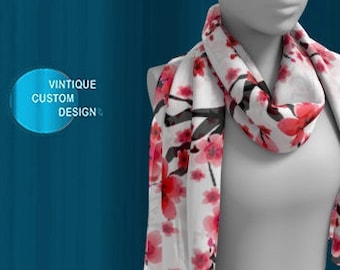 Cherry Blossom Scarf Womens SCARVES Gift For Wife Square or Long Scarf FLORAL Red and White Cherry Blossom Scarf for Women Bridal Gift Silk