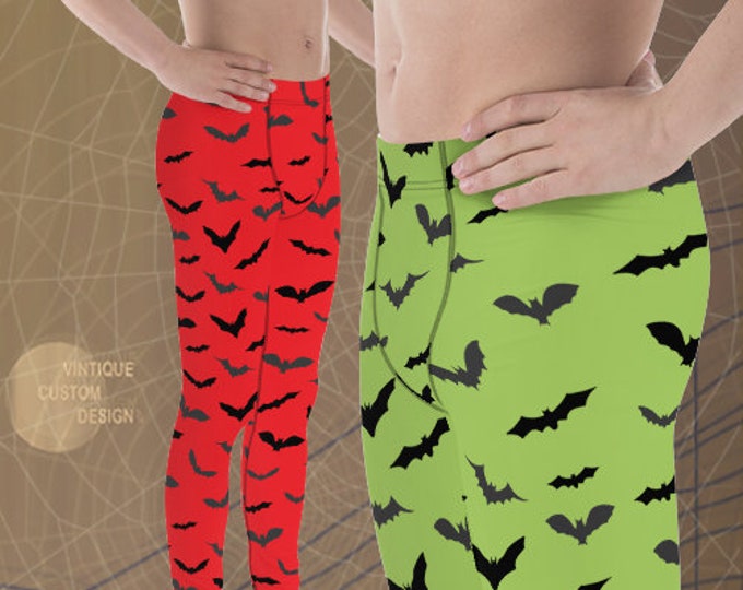 BAT LEGGINGS MENS Halloween Bat Print Leggings Meggings Mens Yoga Pants Halloween Leggings for Men Red or Green and Black Gift for Him