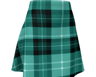 Green Tartan Plaid Skirt: High Waisted Flare Mini Skirt