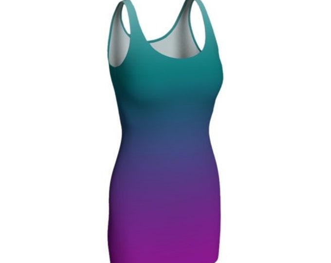 SUMMER DRESS WOMENS Two Tone Ombre Print Fashion Dress in Body-con and Fit and Flare Styles Purple and Turquoise Sexy Rave Festival Dress