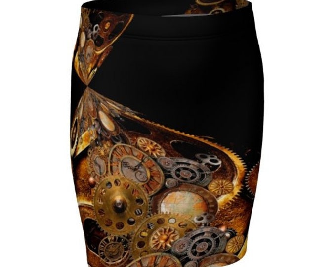 STEAMPUNK SKIRT WOMENS Cyberpunk Futuristic Clothing Steampunk Gears and Clocks Women's Steampunk Clothing Designer Fashion Skirt Fitted