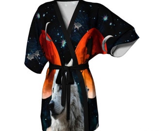 Women's KIMONO ROBE White Wolf Moon Womens Robe Arctic Wolf Dire Wolf Dragon Moon GOT Clothing Art Inspired by Game of Thrones Gift for Her