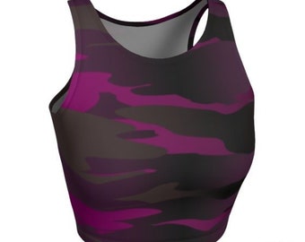 Womens Camo Crop Top: Purple Camouflage Print, Athletic Activewear