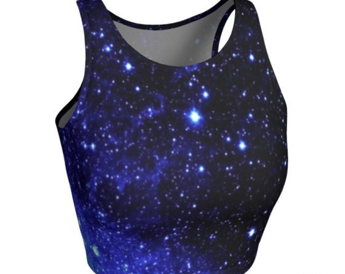 Blue Galaxy CROP TOP Womens Clothing Work out Top Womens Tops Activewear Clothing Yoga Top Glitter Galaxy Top Soul Cycle Fitness Top