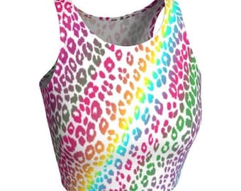 Womens Cheetah Print Crop Top: Rainbow Animal Print, Fitness Fashion