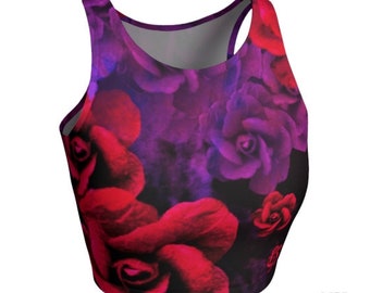 Rose Print Crop Top: Purple and Red Floral Athletic Wear
