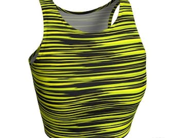Yellow & Black Striped Crop Top: Women's Yoga Workout Top