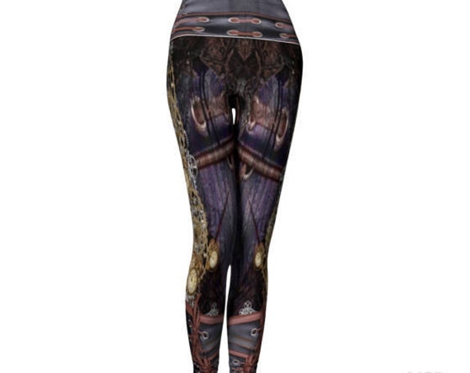 Steampunk LEGGINGS Womens YOGA PANTS Futuristic Clothing Cyberpunk Gothic Cosplay Larp Armor Clothing Sexy Print Leggings Goth Yoga Leggings