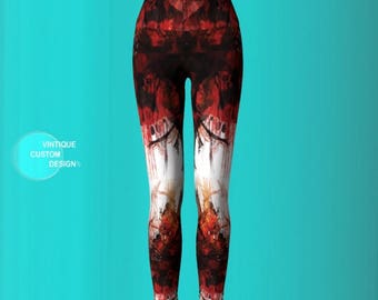 YOGA LEGGINGS Womens LEGGINGS Yoga Pants Red and White Printed Leggings Designer Fashion Leggings Workout Leggings Art Leggings Gift for Her