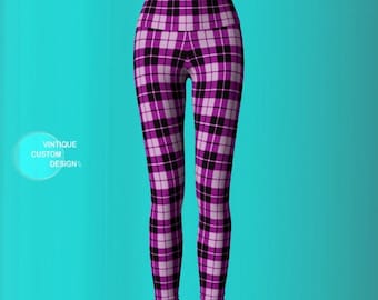 Purple Plaid Yoga Leggings: Tartan Print, High Waist