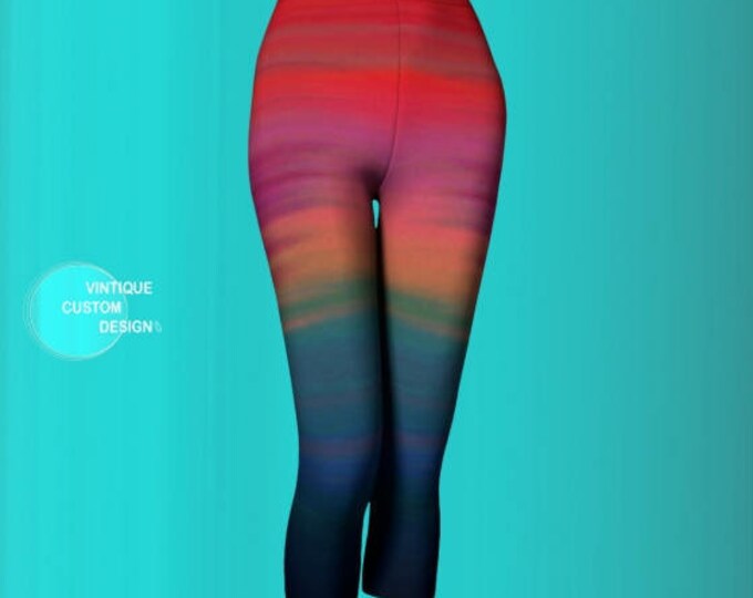 Rainbow Ombre Capri LEGGINGS YOGA PANTS for Women Sexy Print Leggings Sexy Yoga Leggings Workout Clothing Running Capri Pants Burning Man