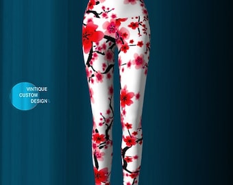 Cherry Blossom YOGA LEGGINGS WOMENS Yoga Pants Printed Leggings Spring Leggings Easter Leggings Gift for Mom Flower Leggings Red and White