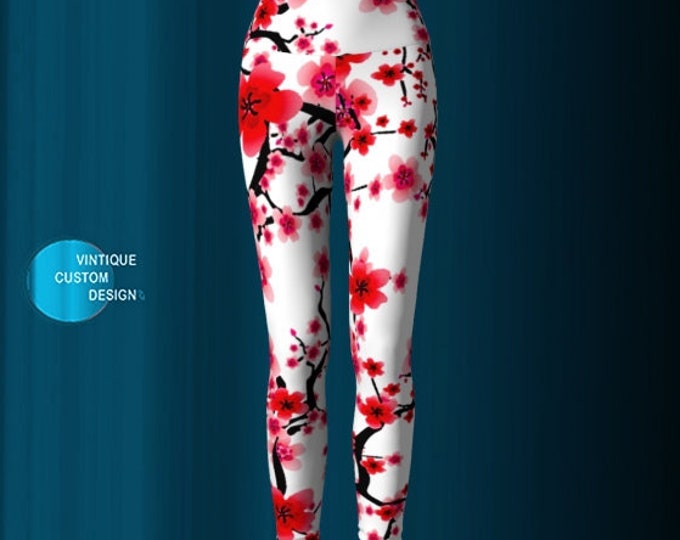 Cherry Blossom YOGA LEGGINGS WOMENS Yoga Pants Printed Leggings Spring Leggings Easter Leggings Gift for Mom Flower Leggings Red and White