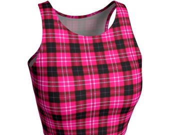 Pink and Black TARTAN PLAID Crop Top WOMENS Crop Top Sexy Crop Tops Festival Clothing Ladies Yoga Tops Cute Workout Tops for Women Plaid Top