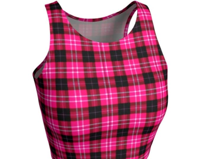 Pink and Black TARTAN PLAID Crop Top WOMENS Crop Top Sexy Crop Tops Festival Clothing Ladies Yoga Tops Cute Workout Tops for Women Plaid Top