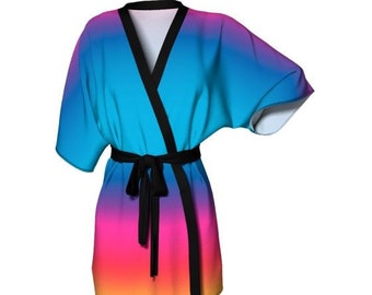 Womens Kimono Robe: Turquoise Rainbow Ombre, Silky Knit