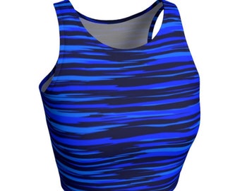 Blue Striped Ombre Crop Top: Sleeveless Eco-Friendly Athletic Wear