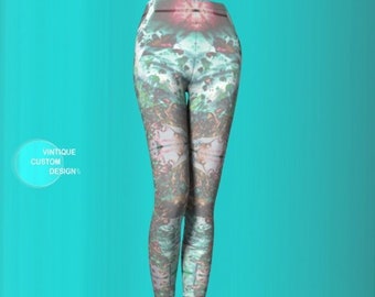 BOHEMIAN Tribal BOHO LEGGINGS for Women Yoga Pants Tribal Yoga Leggings Pink Grey and Green Abstract Art Print Leggings Workout Leggings