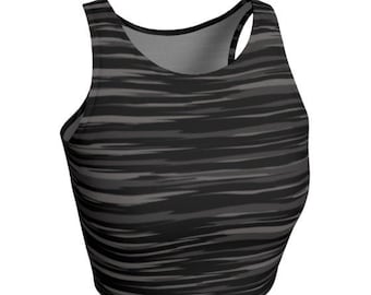 Charcoal Grey Striped Camouflage Crop Top: Women's Athletic Wear