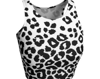 Snow LEOPARD Top Noir et Blanc Guépard CROP TOP Femmes Animal Print Work Out Vêtements Yoga Top Festival Vêtements Burning Man Top pour Femmes