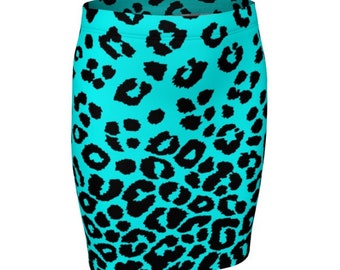 Teal Cheetah Print Mini Skirt: High Waisted Fitted Flare