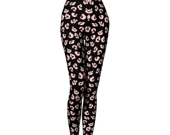 LEOPARD LEGGINGS Pink Spotted Leopard Print / Cheetah Print / Animal Print Leggings / Womens Leggings / Yoga Leggings / Pink and Black