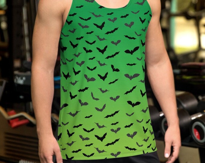 Mens HALLOWEEN TANK TOP Halloween Bat Tank Top Green and Black Ombre All Over Print Tank Top for Men Halloween Tank Top Sleeveless Tank Top