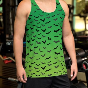 Herren HALLOWEEN TANK TOP Halloween Fledermaus Tank Top Grün und Schwarz Ombre All Over Print Tank Top für Männer Halloween Tank Top Ärmelloses Tank Top