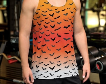 Mens Halloween Bat Tank Top: Orange Ombre All Over Print